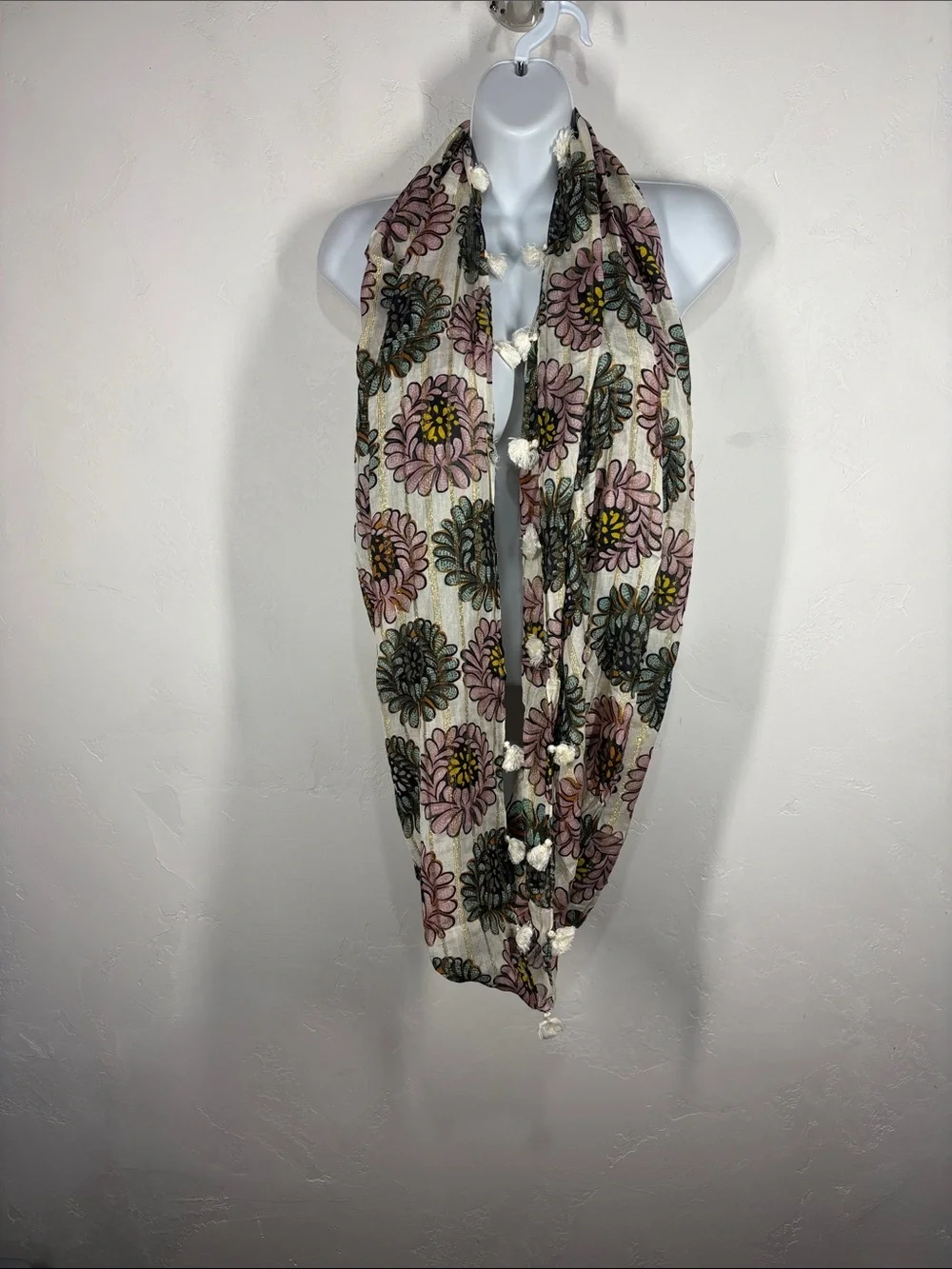 Loft Floral Infinity Scarf with Pom Trim - Pink & Green